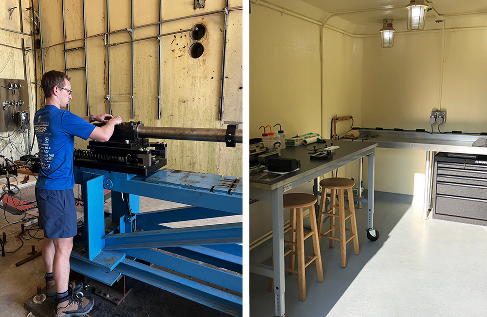 2 images, Artis staff member working on live fire device in shop, second image of clean shop tables and workspace